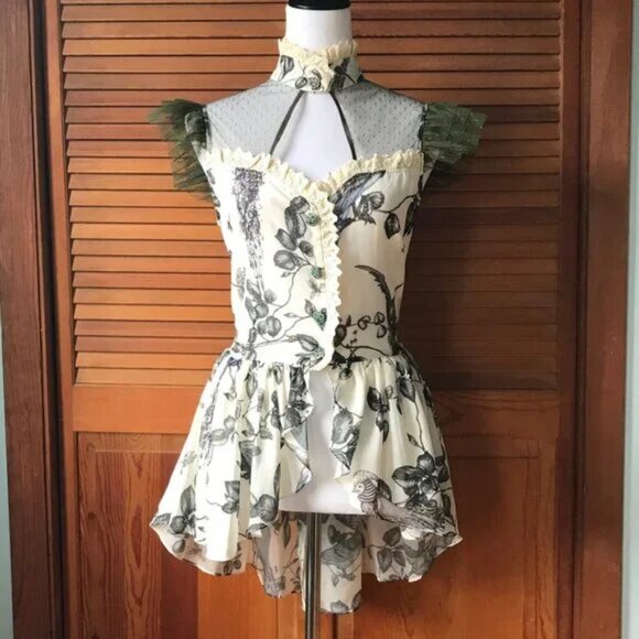 Lip Service Tops - Lip Service Mecanique Menagerie Gothic Victorian Ivory & Green Chiffon Blouse M